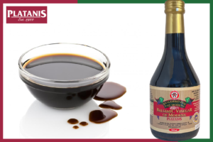 Platanis Balsamic Vinegar in a bottle and in a serving bowl