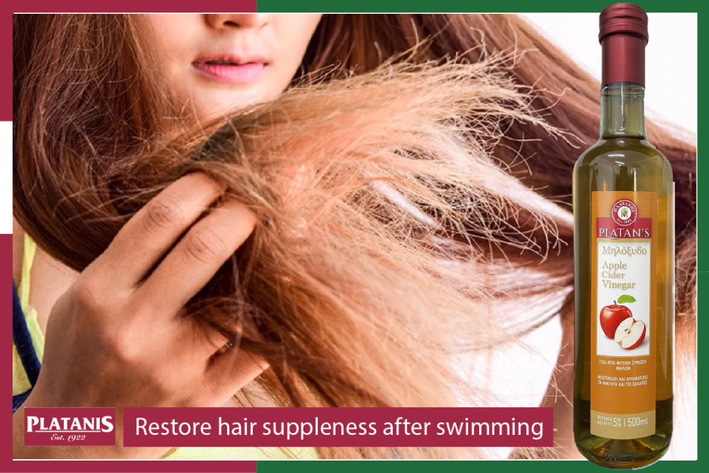 After swimming, remove salt and mineral deposits from hair with an apple cider vinegar rinse