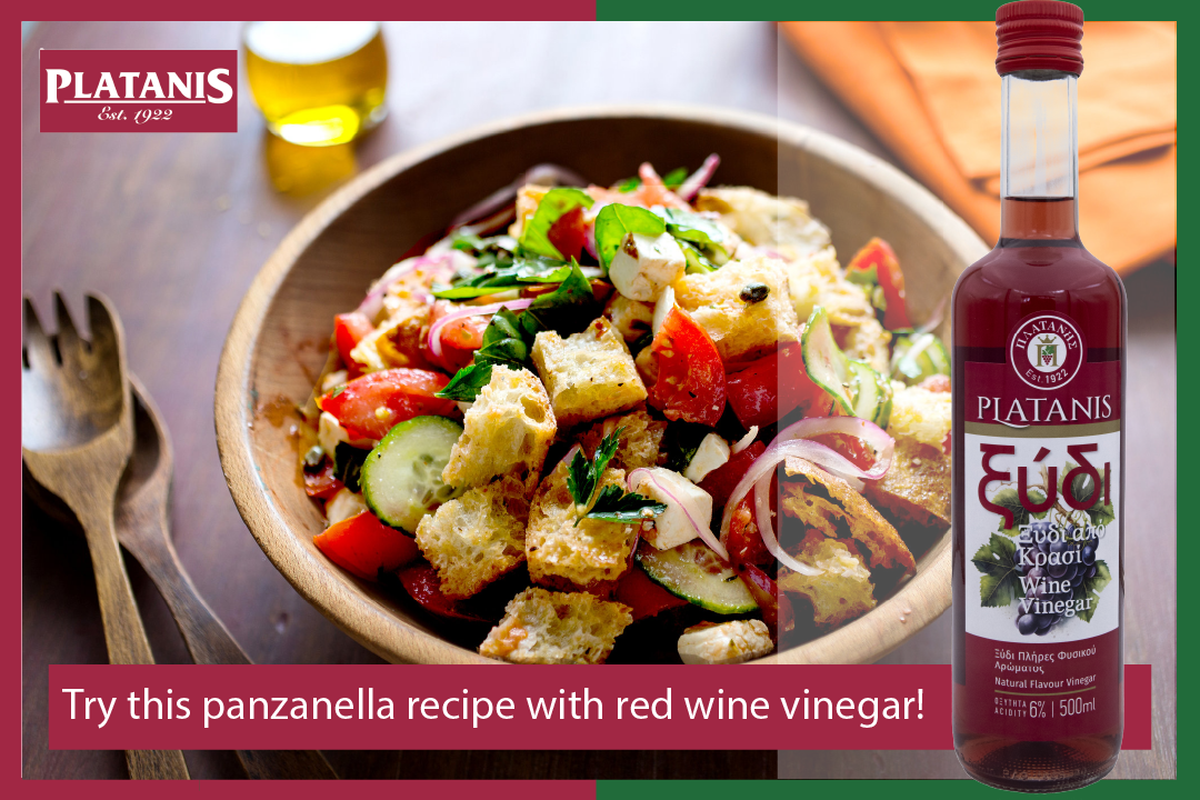 Panzanella salad with Platanis red wine vinegar dressing